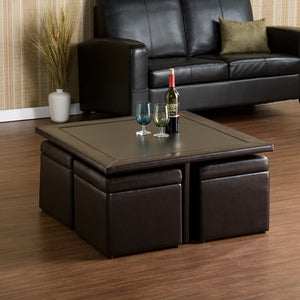 Homeroots Five Piece Dark Brown Faux Leather Coffee Table And Storage Ottoman Set   402084