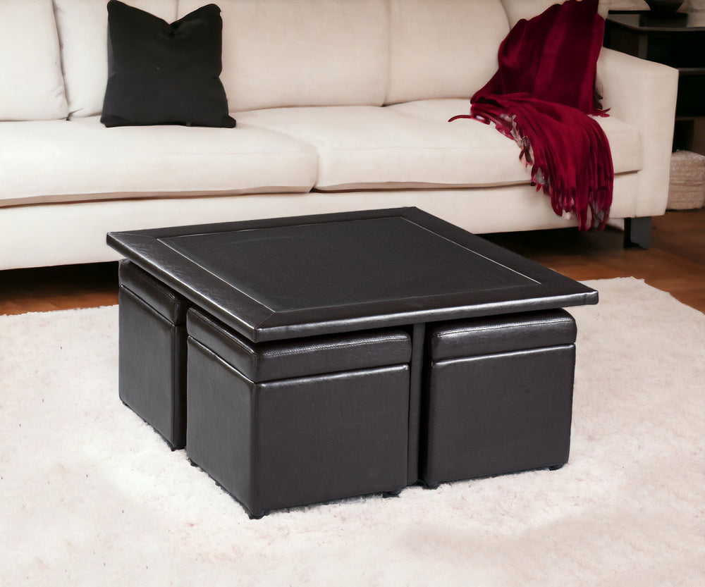 Homeroots Five Piece Dark Brown Faux Leather Coffee Table And Storage Ottoman Set   402084