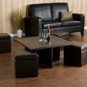 Homeroots Five Piece Dark Brown Faux Leather Coffee Table And Storage Ottoman Set   402084