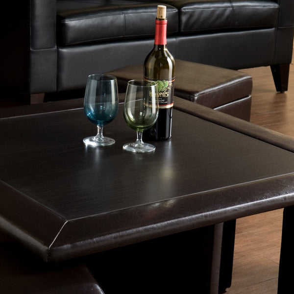 Homeroots Five Piece Dark Brown Faux Leather Coffee Table And Storage Ottoman Set   402084