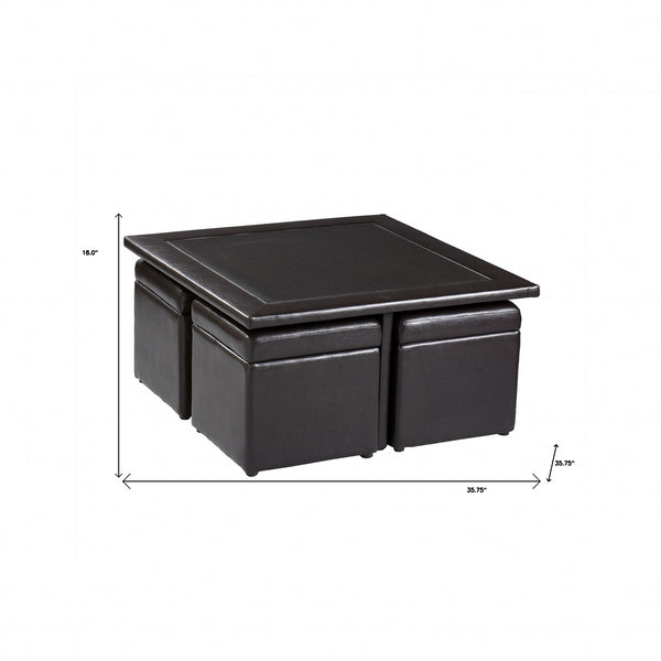 Homeroots Five Piece Dark Brown Faux Leather Coffee Table And Storage Ottoman Set   402084