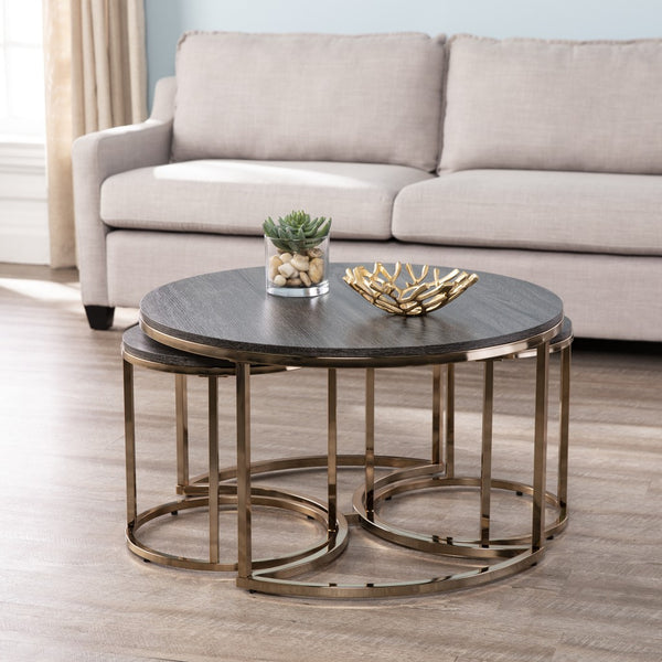 Homeroots 32" Champagne And Charcoal Manufactured Wood And Metal With Iron Round Coffee Table   402085
