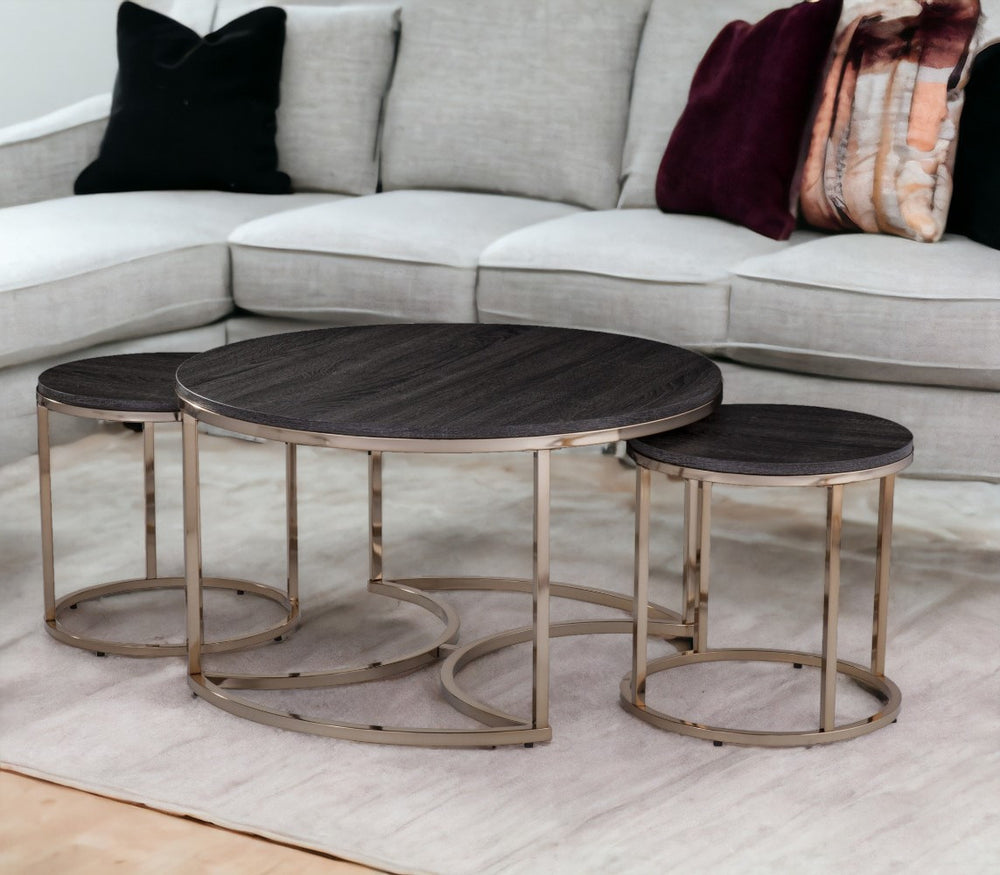 Homeroots 32" Champagne And Charcoal Manufactured Wood And Metal With Iron Round Coffee Table   402085