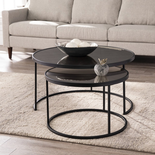 Homeroots Set Of Two Black And Silver Mirrored Round Nested Coffee Table Set   402086