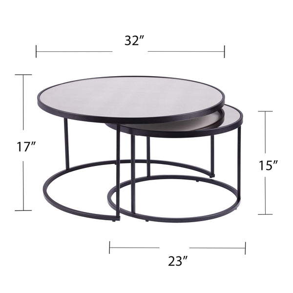 Homeroots Set Of Two Black And Silver Mirrored Round Nested Coffee Table Set   402086