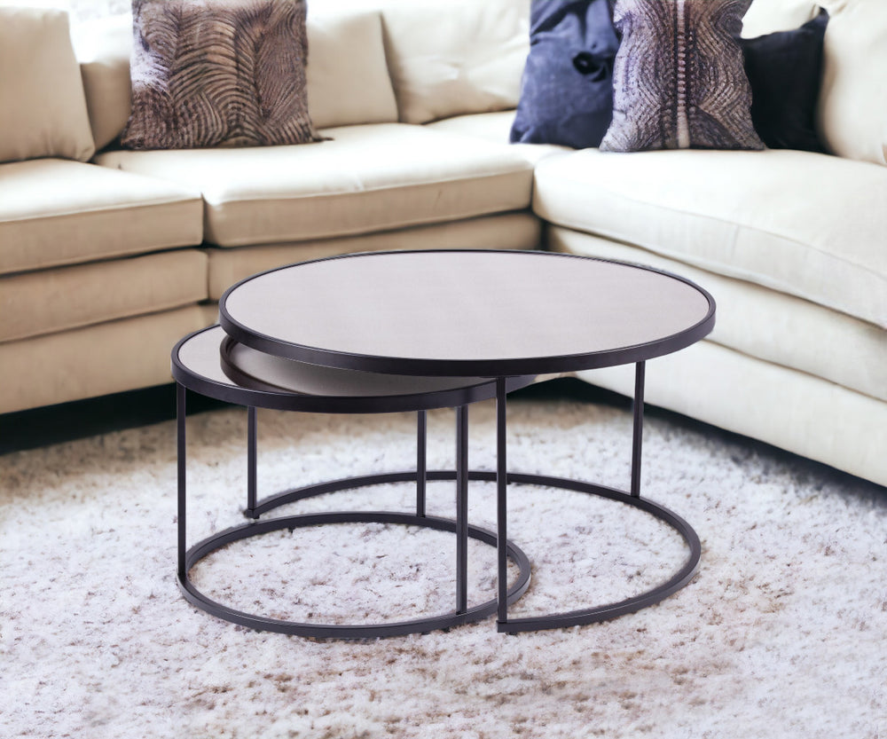 Homeroots Set Of Two Black And Silver Mirrored Round Nested Coffee Table Set   402086