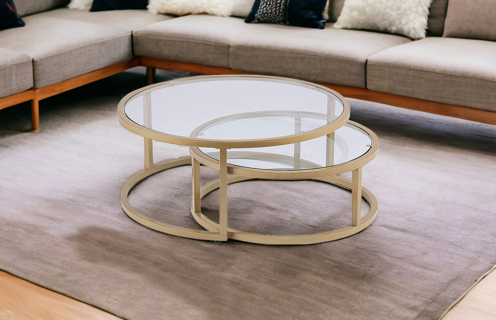 Homeroots Set Of Two Gold Glass Round Nested Coffee Tables   402088