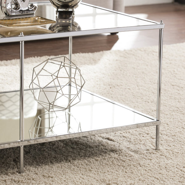 Homeroots 42" Chrome Glass And Metal Rectangular Mirrored Coffee Table   402091