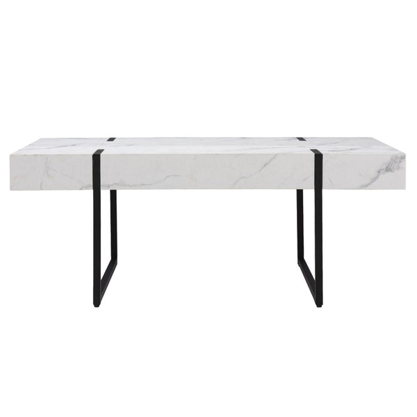 HomeRoots 43" White Faux Marble Coffee Table with Black Metal Base - Modern Design for Versatile Living Spaces 402093