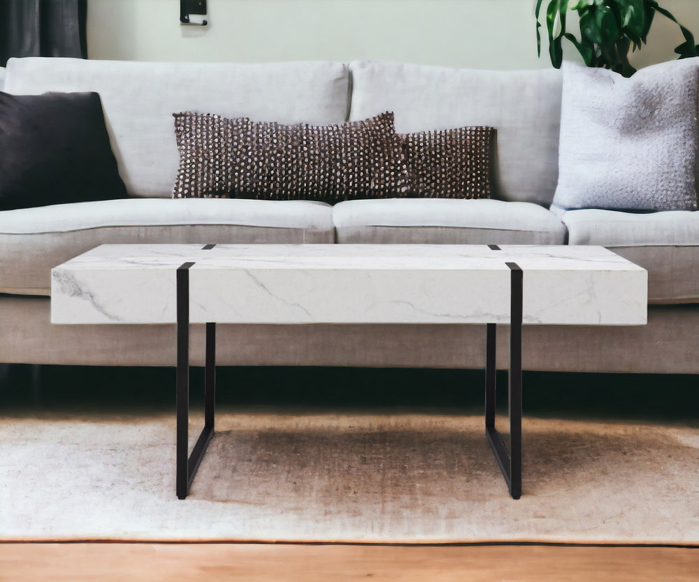 Homeroots 43" White And Black Faux Marble And Metal With Iron Coffee Table   402093