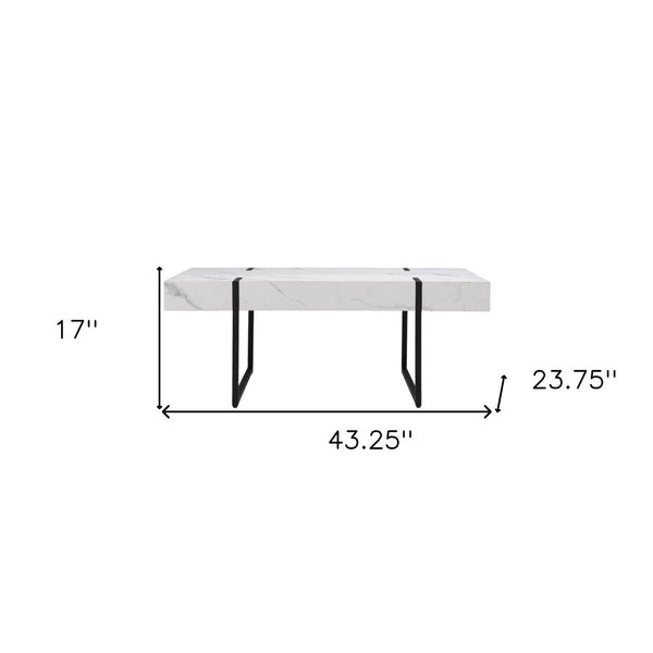 HomeRoots 43" White Faux Marble Coffee Table with Black Metal Base - Modern Design for Versatile Living Spaces 402093