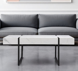 HomeRoots 43" White Faux Marble Coffee Table with Black Metal Base - Modern Design for Versatile Living Spaces 402093