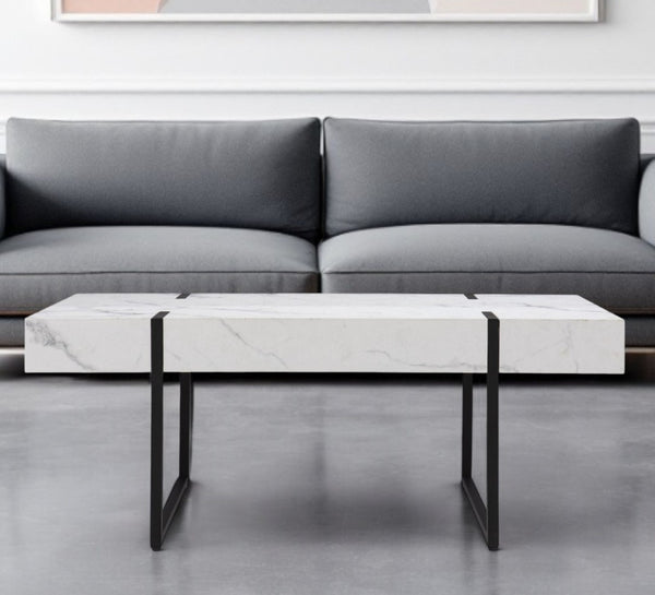 HomeRoots 43" White Faux Marble Coffee Table with Black Metal Base - Modern Design for Versatile Living Spaces 402093