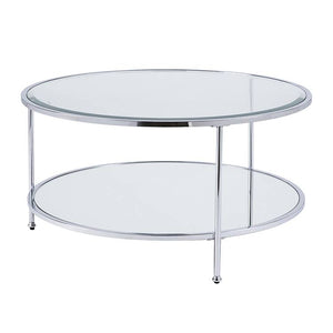 Homeroots 34" Chrome Glass And Metal Round Mirrored Coffee Table   402099