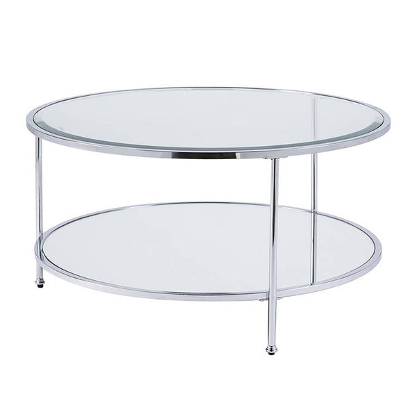 Homeroots 34" Chrome Glass And Metal Round Mirrored Coffee Table   402099