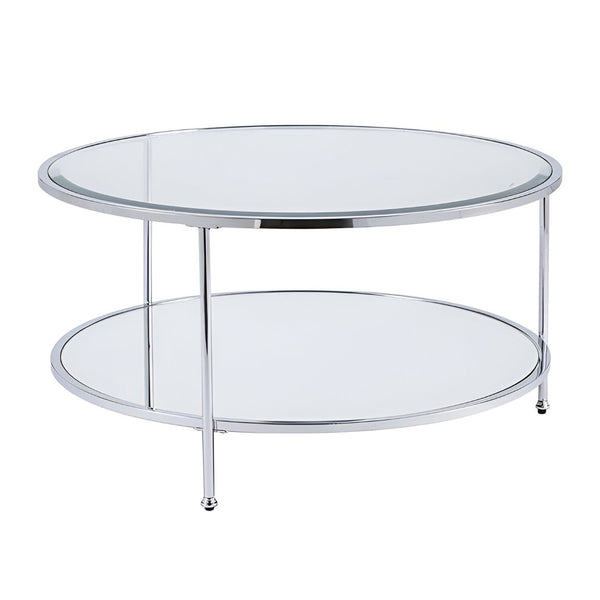 HomeRoots 34" Chrome Glass Round Mirrored Coffee Table - Sleek, Modern Design for Stylish Living Spaces 402099