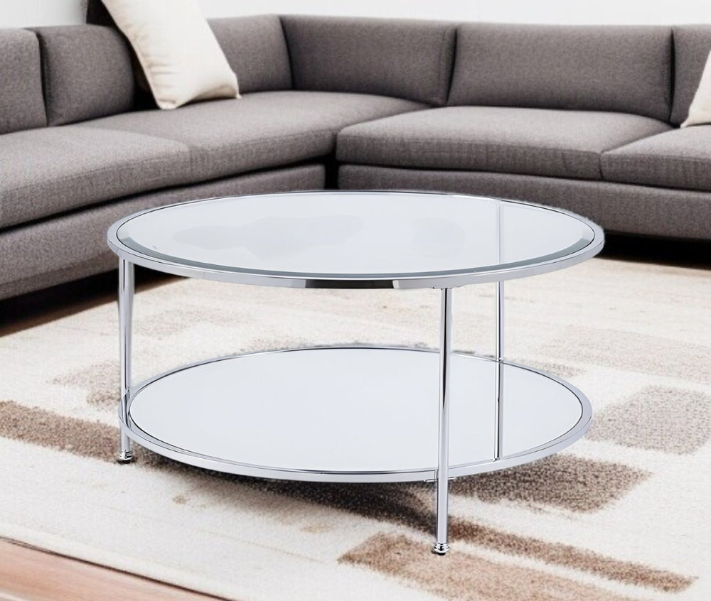 HomeRoots 34" Chrome Glass Round Mirrored Coffee Table - Sleek, Modern Design for Stylish Living Spaces 402099