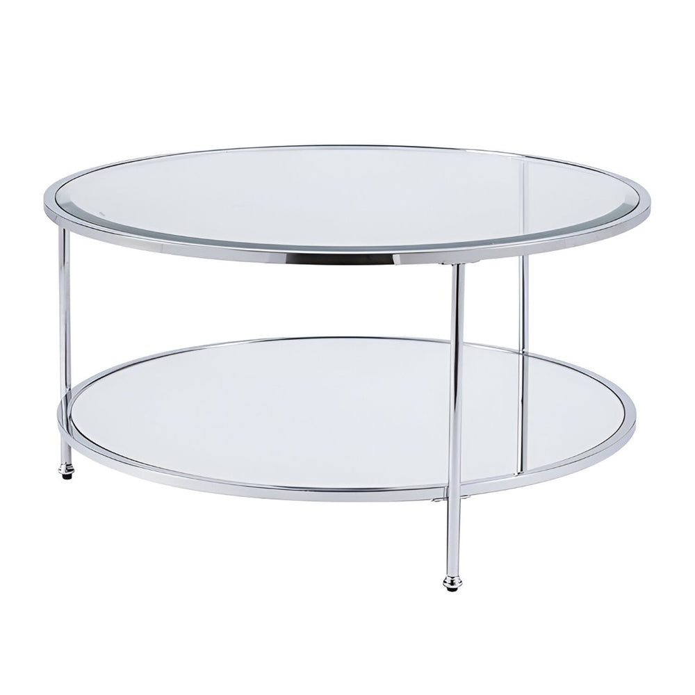 HomeRoots 34" Chrome Glass Round Mirrored Coffee Table - Sleek, Modern Design for Stylish Living Spaces 402099