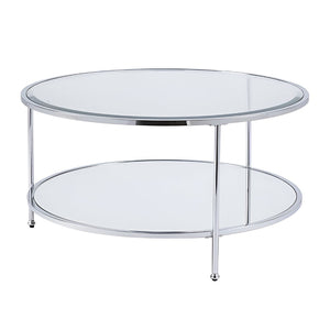 HomeRoots 34" Chrome Glass Round Mirrored Coffee Table - Sleek, Modern Design for Stylish Living Spaces 402099
