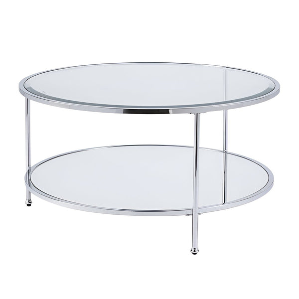 HomeRoots 34" Chrome Glass Round Mirrored Coffee Table - Sleek, Modern Design for Stylish Living Spaces 402099