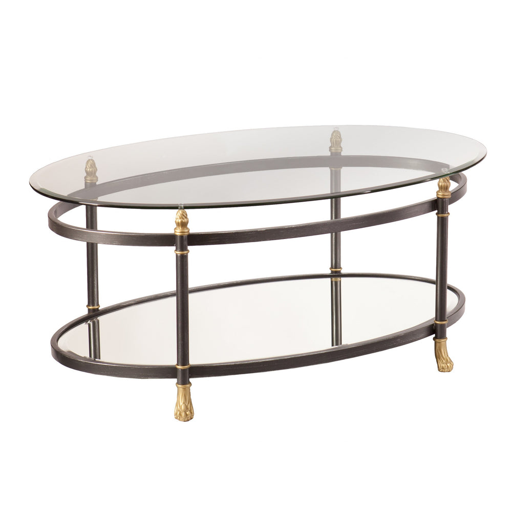 Homeroots 42" Gray Glass And Metal Oval Mirrored Coffee Table   402100