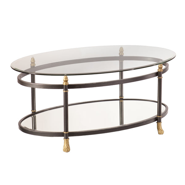 Homeroots 42" Gray Glass And Metal Oval Mirrored Coffee Table   402100