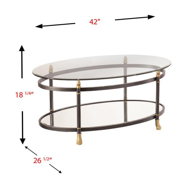 Homeroots 42" Gray Glass And Metal Oval Mirrored Coffee Table   402100