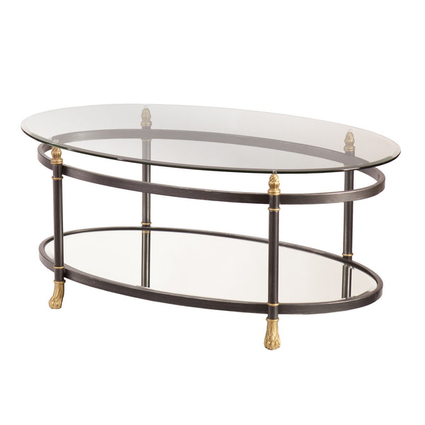 Homeroots 42" Gray Glass And Metal Oval Mirrored Coffee Table   402100