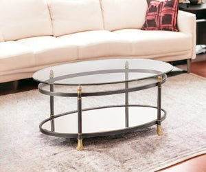 Homeroots 42" Gray Glass And Metal Oval Mirrored Coffee Table   402100