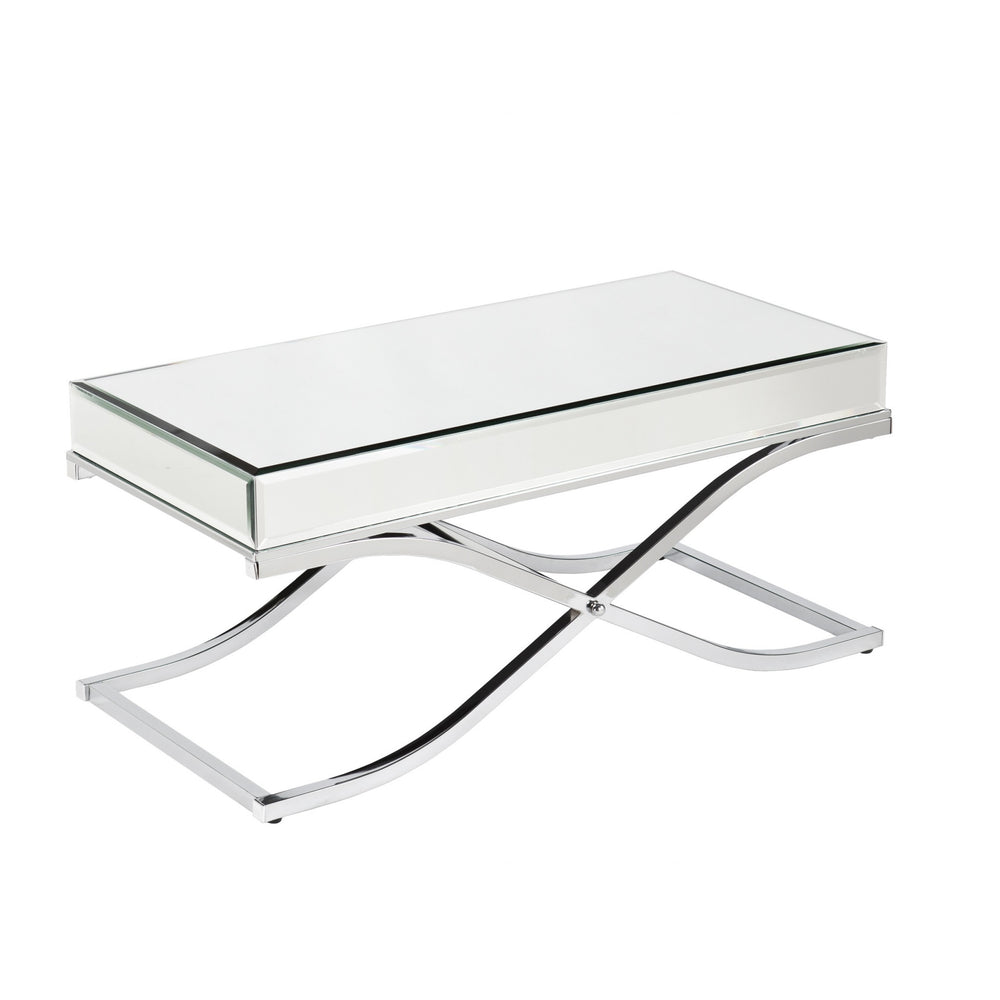 Homeroots 42" Silver Mirrored And Metal Rectangular Mirrored Coffee Table   402104