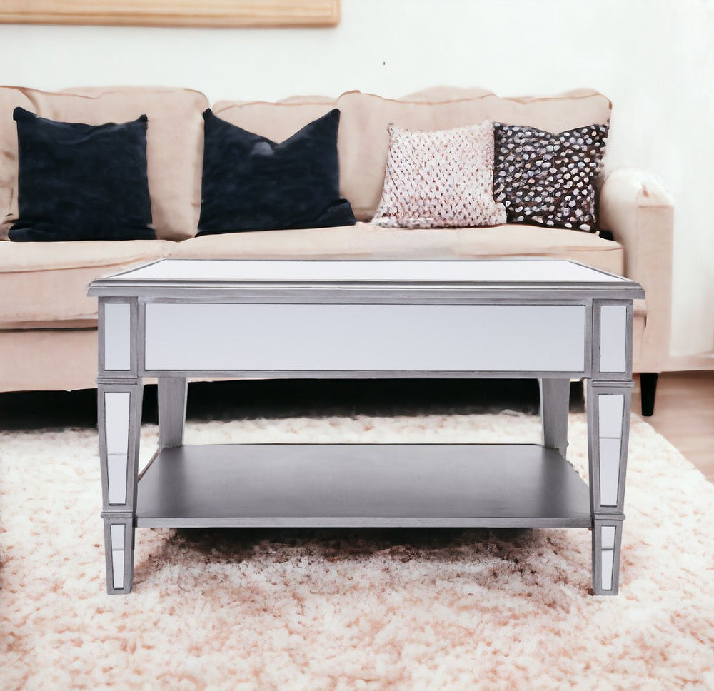 Homeroots 29" Silver Mirrored Square Coffee Table With Shelf   402105