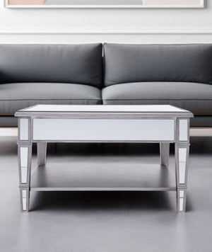 HomeRoots 29" Silver Mirrored Square Coffee Table with Stylish Shelf - Modern Glam for Living Room & Office 402105