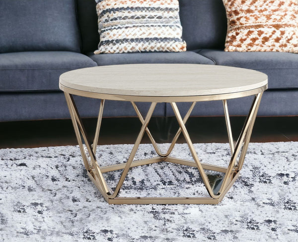 Homeroots 33" Champagne Solid Manufactured Wood And Metal Round Coffee Table   402109