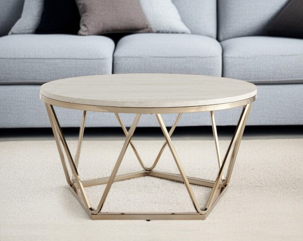 HomeRoots 33" Elegant Champagne Round Coffee Table with Stone Finish - Modern Design for Any Space 402109