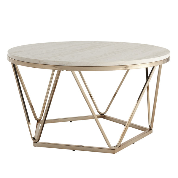 Homeroots 33" Champagne Solid Manufactured Wood And Metal Round Coffee Table   402109