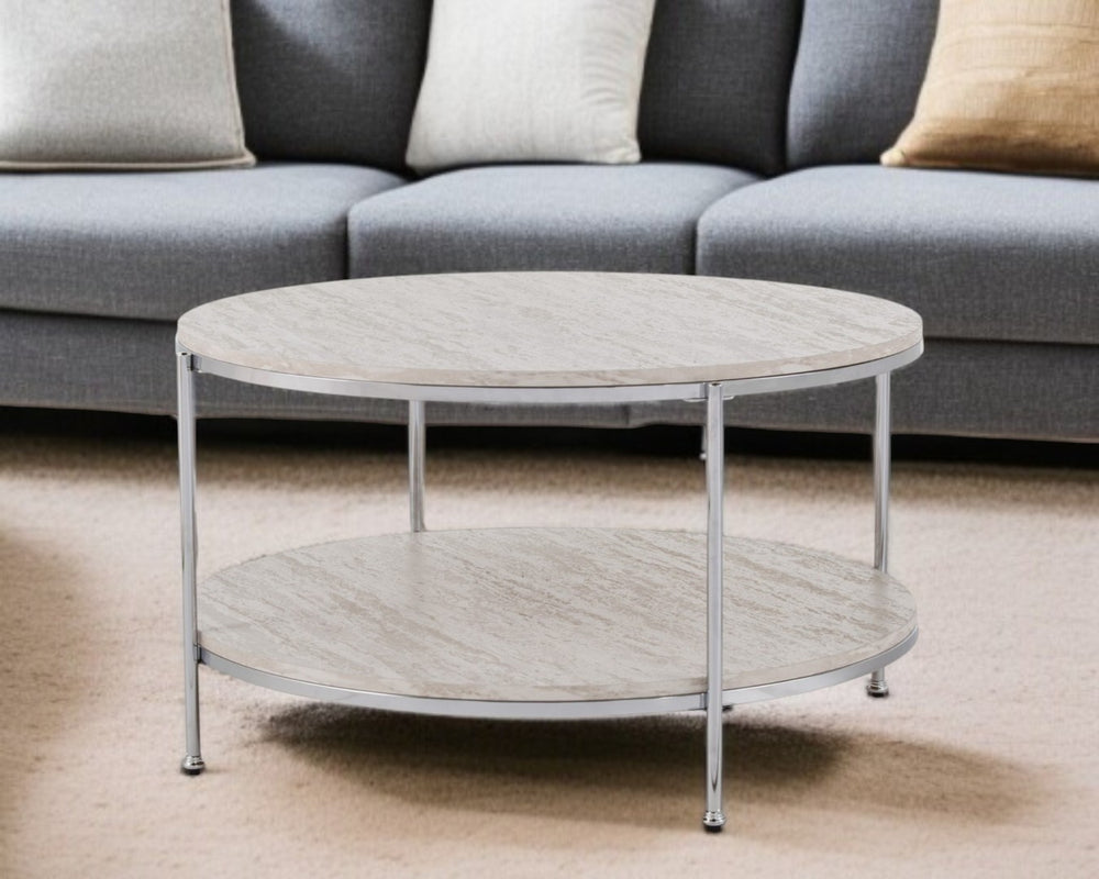 HomeRoots 33" Chrome Faux Marble Round Coffee Table - Modern Two-Tier Design for Stylish Living Spaces & Storage 402111