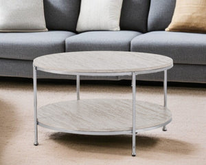 HomeRoots 33" Chrome Faux Marble Round Coffee Table - Modern Two-Tier Design for Stylish Living Spaces & Storage 402111