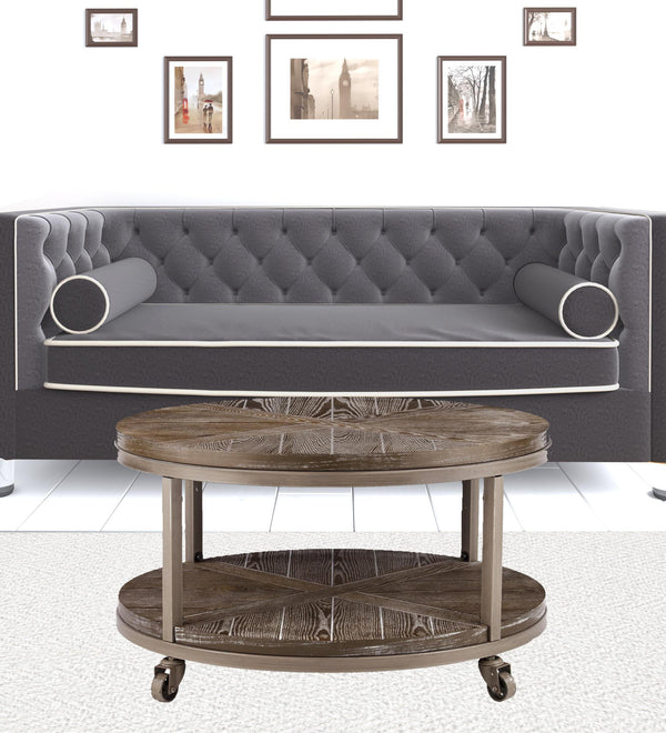 Homeroots 32" Brown Rustic And Distressed Round Two Tier Rolling Coffee Table   402112