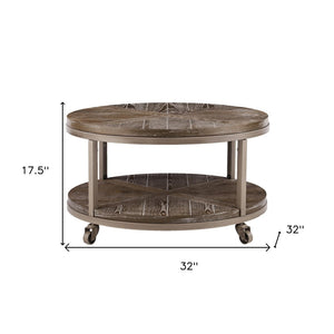 HomeRoots 32" Rustic Round Distressed Coffee Table with Iron Frame, Display Shelf & Mobile Casters for Style 402112