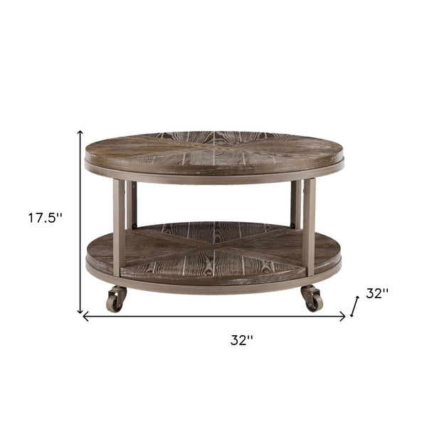 HomeRoots 32" Rustic Round Distressed Coffee Table with Iron Frame, Display Shelf & Mobile Casters for Style 402112