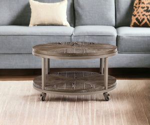 Homeroots 32" Brown Rustic And Distressed Round Two Tier Rolling Coffee Table   402112