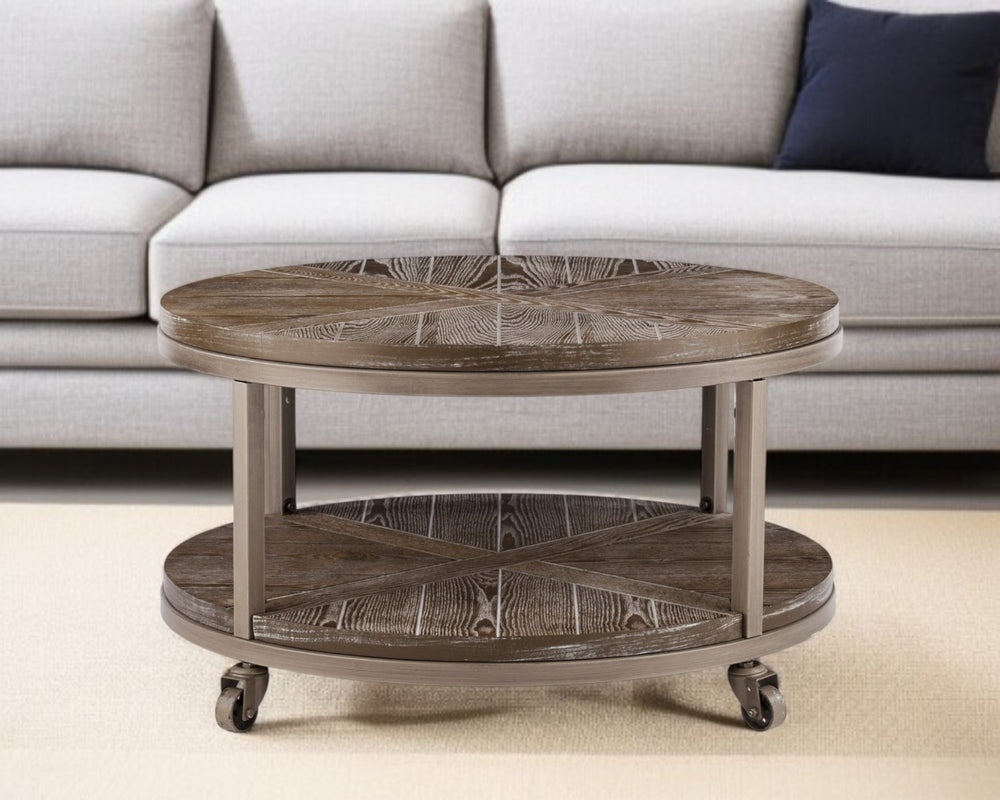 HomeRoots 32" Rustic Round Distressed Coffee Table with Iron Frame, Display Shelf & Mobile Casters for Style 402112