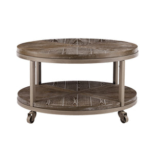 Homeroots 32" Brown Rustic And Distressed Round Two Tier Rolling Coffee Table   402112