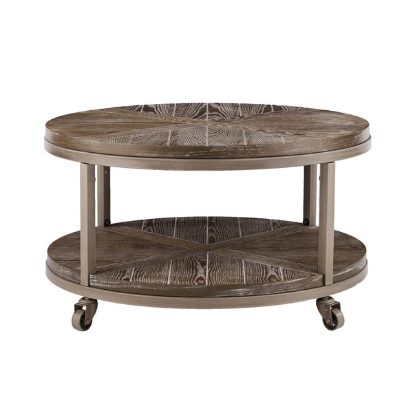 Homeroots 32" Brown Rustic And Distressed Round Two Tier Rolling Coffee Table   402112
