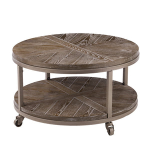 Homeroots 32" Brown Rustic And Distressed Round Two Tier Rolling Coffee Table   402112