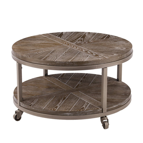 Homeroots 32" Brown Rustic And Distressed Round Two Tier Rolling Coffee Table   402112