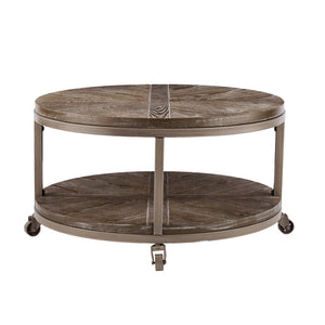 Homeroots 32" Brown Rustic And Distressed Round Two Tier Rolling Coffee Table   402112