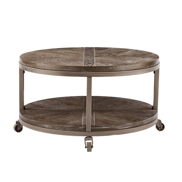 Homeroots 32" Brown Rustic And Distressed Round Two Tier Rolling Coffee Table   402112