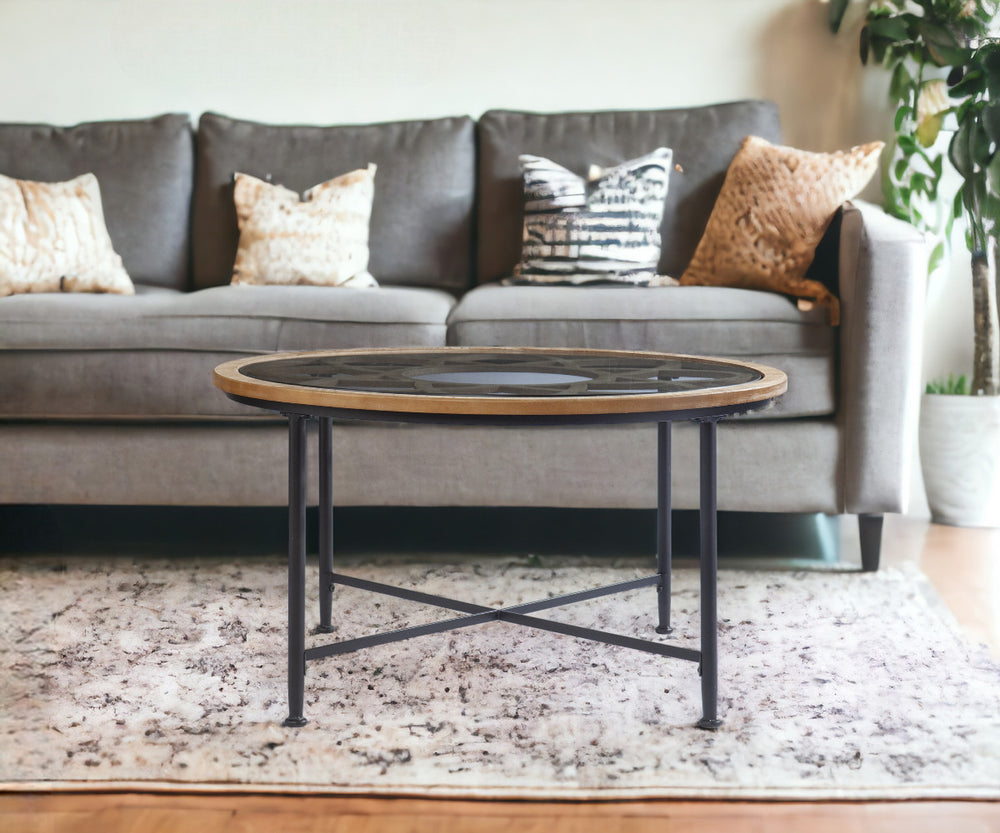 Homeroots 33" Floral Design Glass Top Round Coffee Table   402113