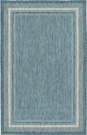 Unique Loom Outdoor Border Soft Border Machine Made Border Rug Teal, Ivory/Gray 5' 1" x 8' 0"